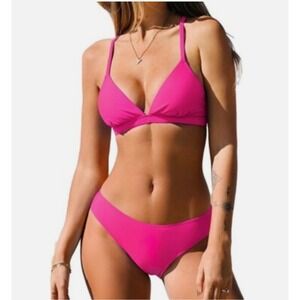 Cupshe‎ Womens Hot Pink Lace Up Back Bikini Set Size XL Neon Beach Resort